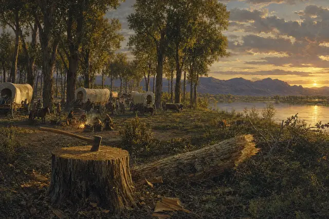 The cottonwood trees: An emigrant camp beneath the river cottonwoods the Mojave held as their own. (AI illustration)