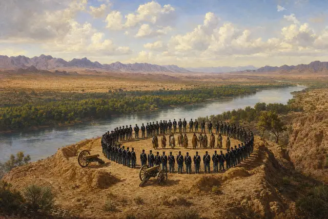 The council on the bluff: April 23, 1859: a ring of soldiers, two howitzers, and the terms. (AI illustration)