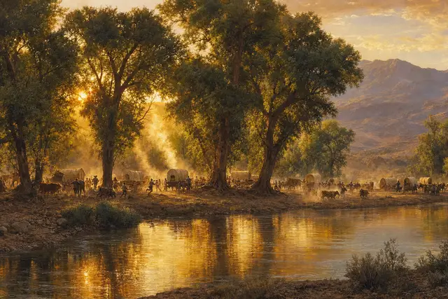 The thirtieth of August: First light at the river camp on the morning of the attack. (AI illustration)