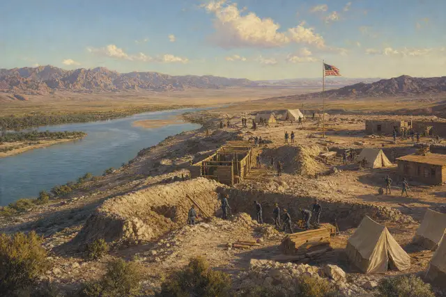 The fort on the bluff: Camp Colorado, soon Fort Mojave, rising above the river in 1859. (AI illustration)