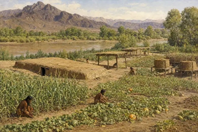 The world before the road: Aha Macav fields and shade ramadas on the floodplain, after 1850s survey drawings. (AI illustration)